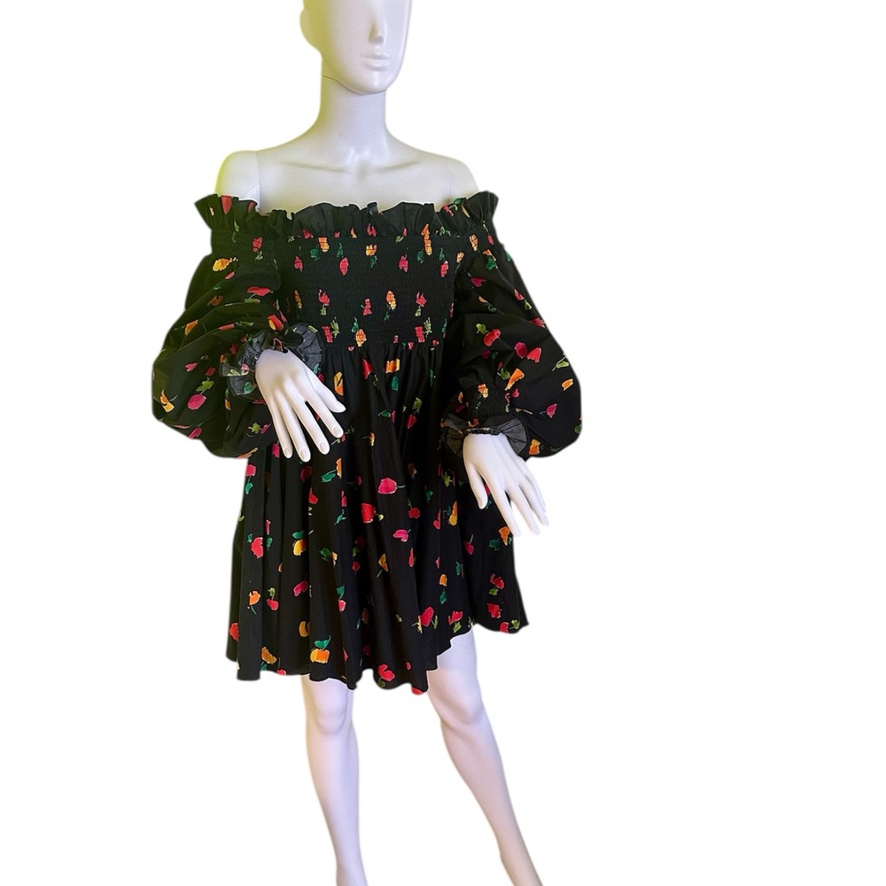 Girls Black Off-Shoulder Floral Print Dress